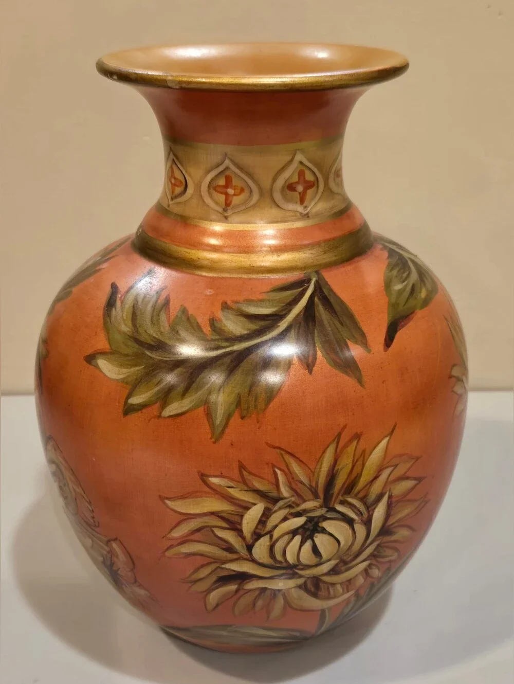 Vintage Toyo Hand-Painted Floral Ceramic Vase in Warm Terracotta